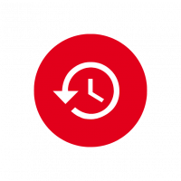 Icône représentant une horloge avec une flèche circulaire indiquant un retour en arrière ou une mise à jour, sur fond orange.